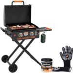 22 Inch Blackstone Griddle with Hood and Grill Stand Foldable Outdoor Flat Top Grill Propane Portable Gas Grill with Seasoning, and Blackstone Gloves  Patio, Lawn & Garden