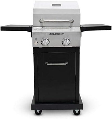 Megamaster 2-Burner Propane Barbecue Gas Grill with Foldable Side Tables, Perfect for Camping, Outdoor Cooking, Patio, Garden Barbecue Grill, 28000 BTUs, Silver and Black, 720-0864MA