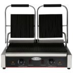 Serv-Ware EPG-200GG Panini Grill, Double, Electric, 18-7/64" W x 9-1/20" D cast Iron Grill, grooved top & Bottom Grilling Surface, 120°-570°F Temperature Range, Removable drip Tray, Cool-Touch Handle  Home & Kitchen